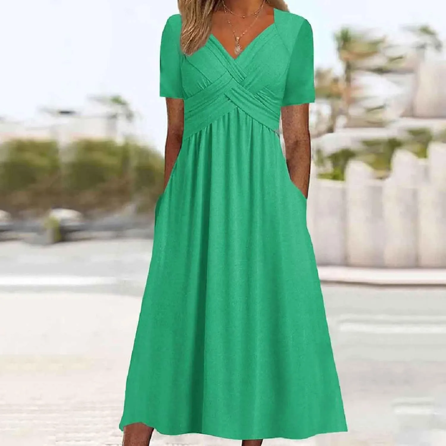 Summer Dresses for Women 2025 Vacation V Neck Short Sleeve Criss Cross Wrap Maxi Dress Flowy Beach Sundress with Pockets