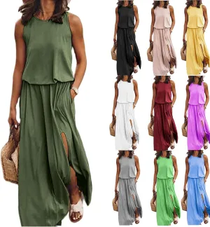Summer Dresses for Women Casual Loose Sundress Split Maxi Dress Sleeveless Long Beach Dress Travel Vacation Outfits