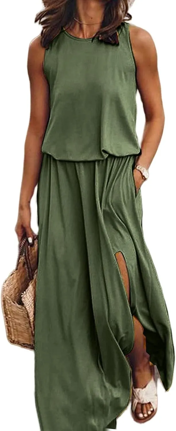 Summer Dresses for Women Casual Loose Sundress Split Maxi Dress Sleeveless Long Beach Dress Travel Vacation Outfits