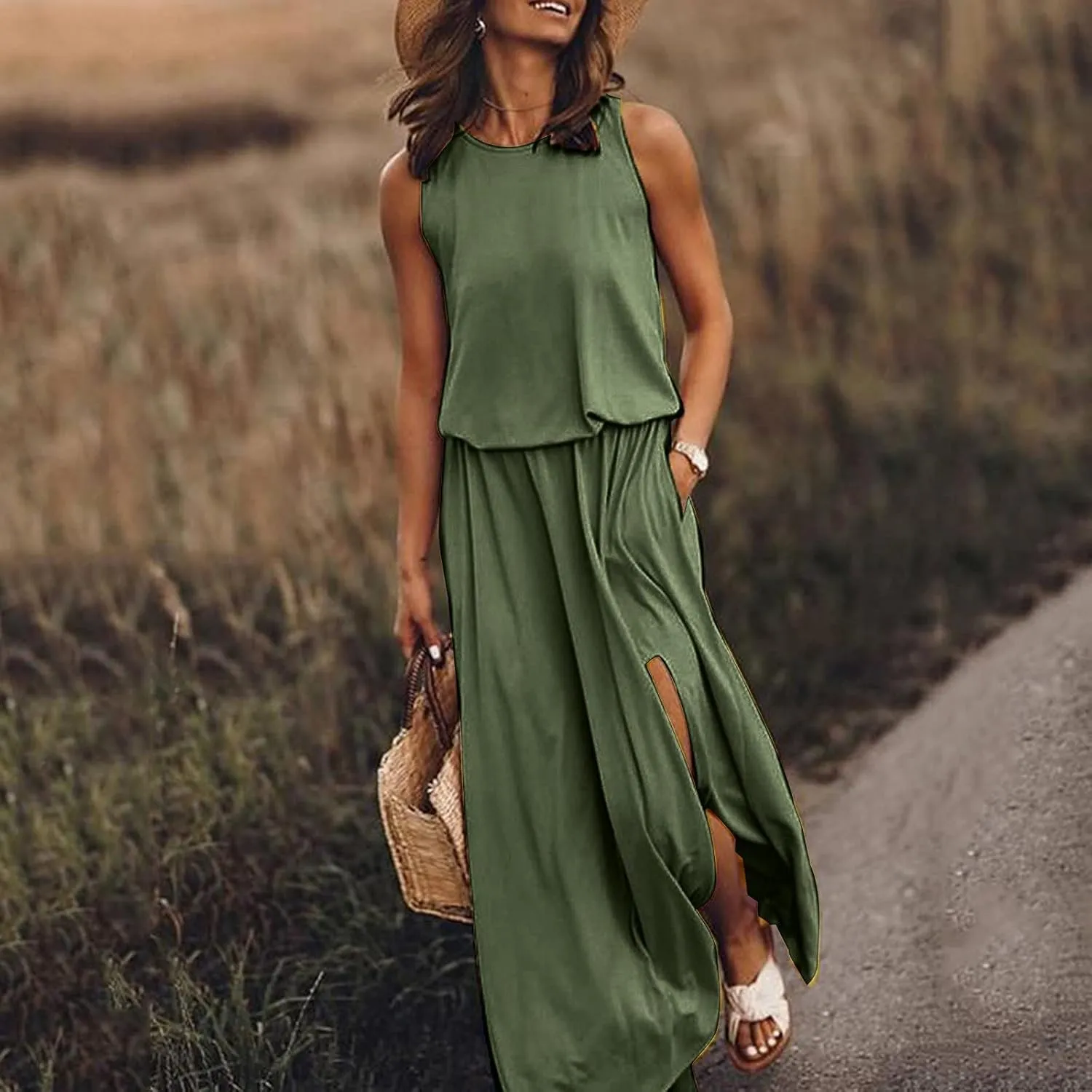 Summer Dresses for Women Casual Loose Sundress Split Maxi Dress Sleeveless Long Beach Dress Travel Vacation Outfits
