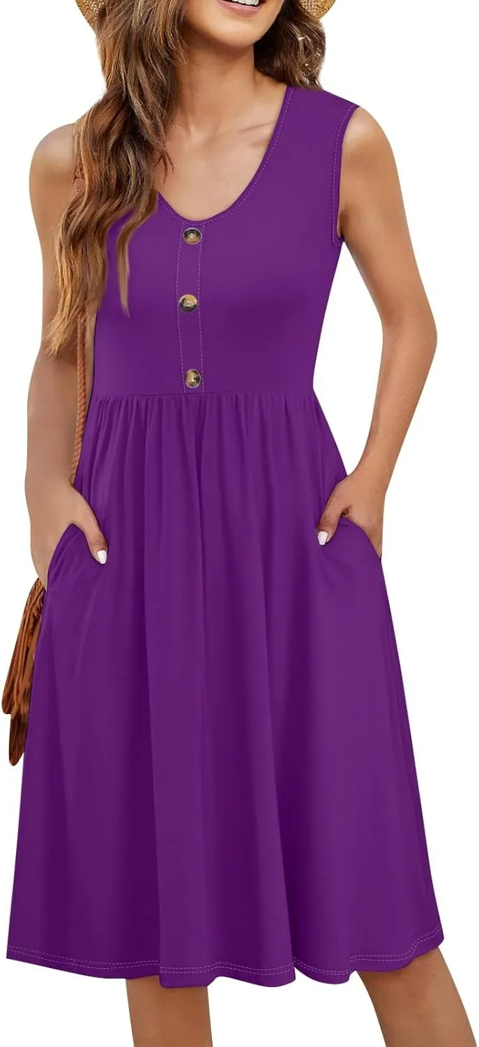 Summer Dresses for Women Loose Sundresses printedCasual Tshirt Tank Dresses Beach Sleeveless Mini Dress with Pockets