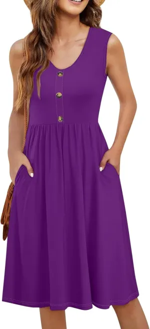 Summer Dresses for Women Loose Sundresses printedCasual Tshirt Tank Dresses Beach Sleeveless Mini Dress with Pockets