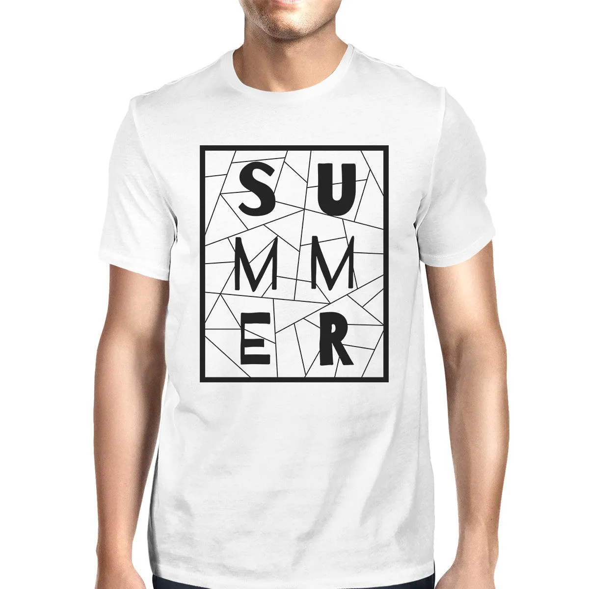 Summer Geometric Lettering Mens White Tshirt Cotton Trendy Design