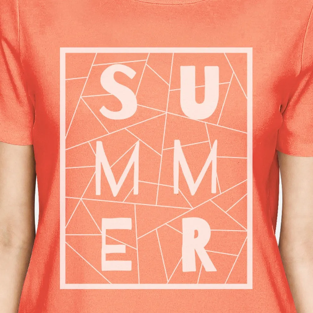 Summer Geometric Lettering Womens Peach Tshirt Cotton Trendy Design