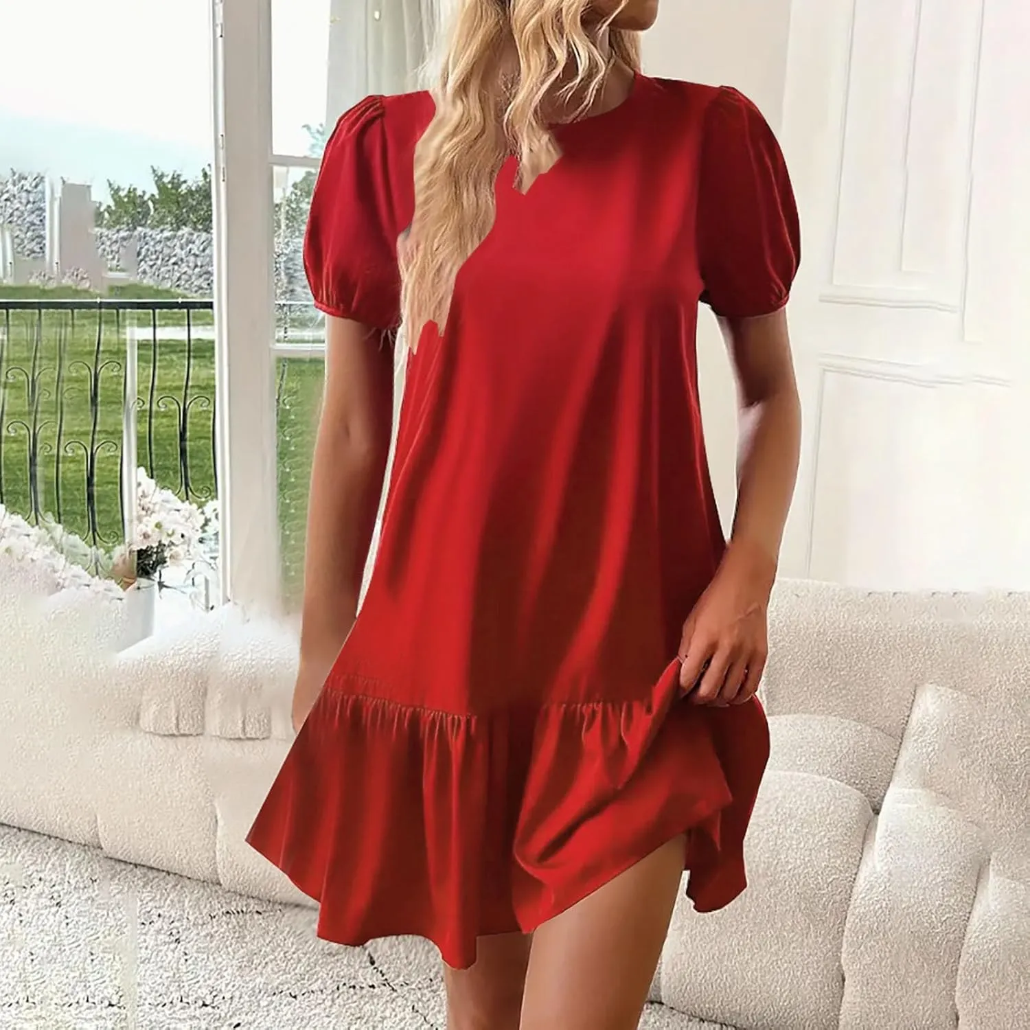 Summer Tshirt Dress for Women Puff Short Sleeve Ruffle Hem Flowy Tunic Mini Dresses Casual Vacation Babydoll Outfits