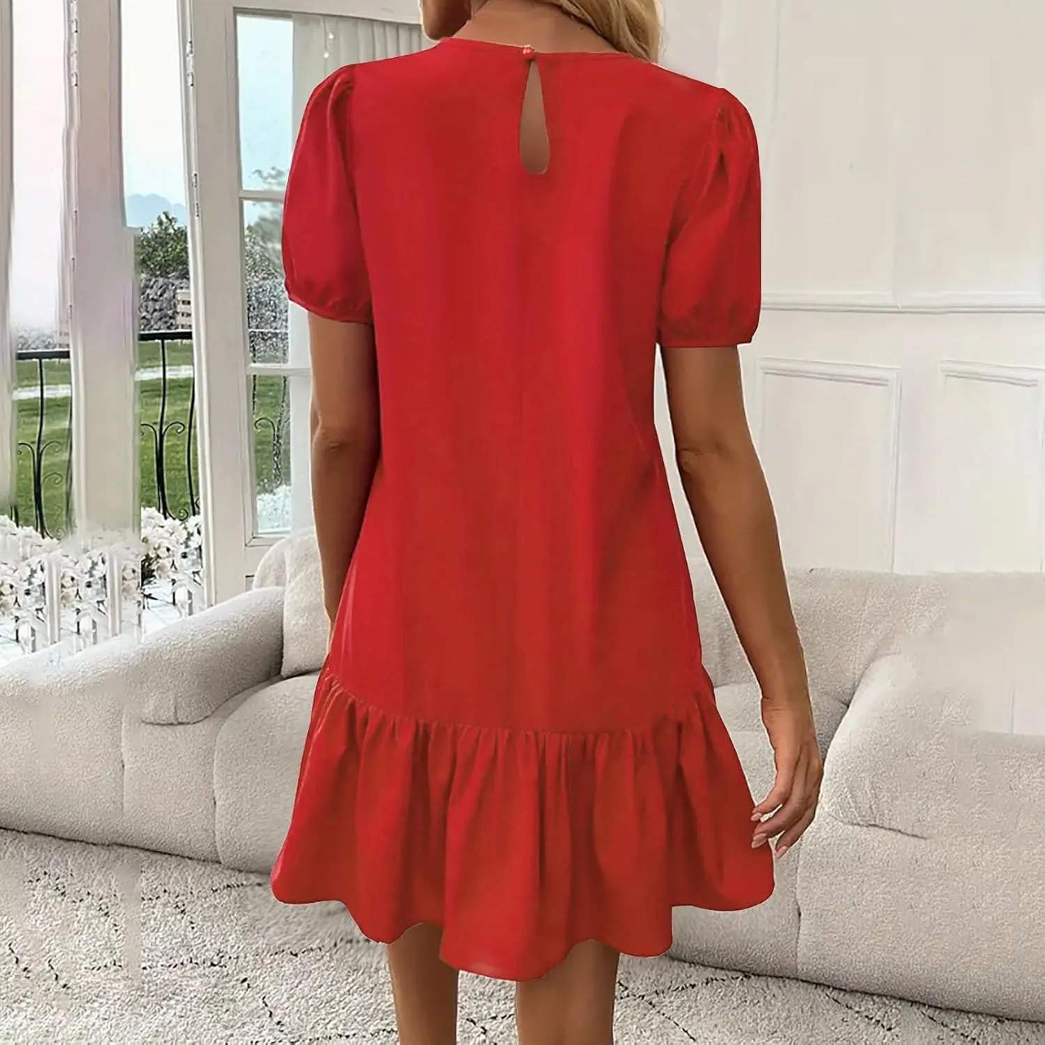 Summer Tshirt Dress for Women Puff Short Sleeve Ruffle Hem Flowy Tunic Mini Dresses Casual Vacation Babydoll Outfits