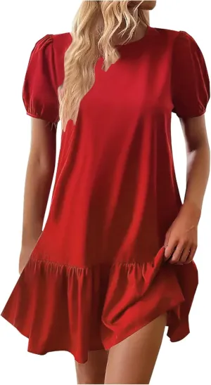 Summer Tshirt Dress for Women Puff Short Sleeve Ruffle Hem Flowy Tunic Mini Dresses Casual Vacation Babydoll Outfits