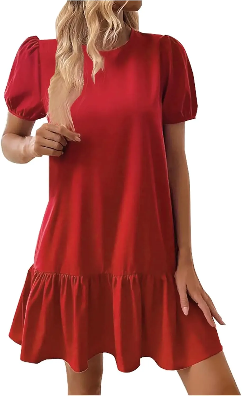 Summer Tshirt Dress for Women Puff Short Sleeve Ruffle Hem Flowy Tunic Mini Dresses Casual Vacation Babydoll Outfits