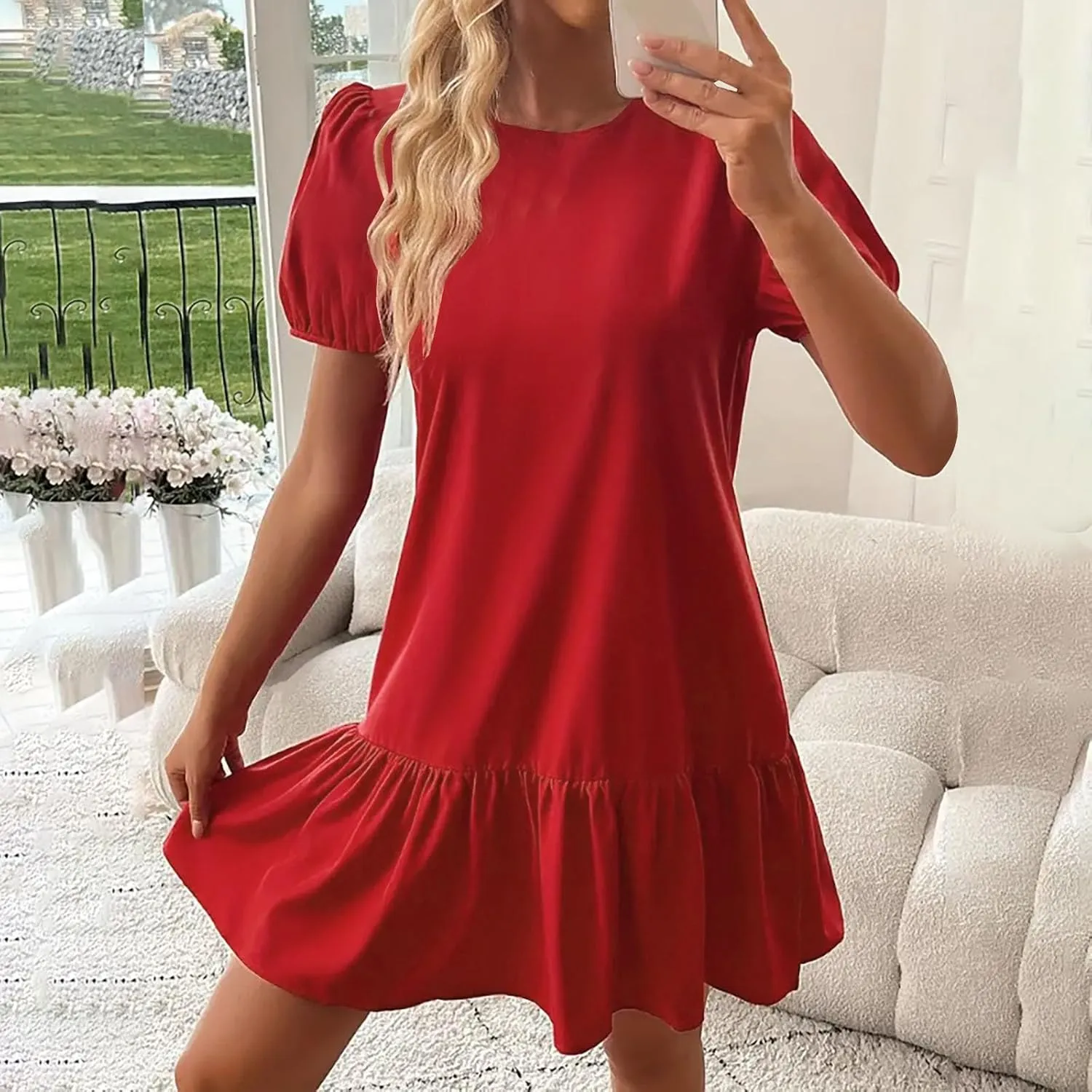 Summer Tshirt Dress for Women Puff Short Sleeve Ruffle Hem Flowy Tunic Mini Dresses Casual Vacation Babydoll Outfits