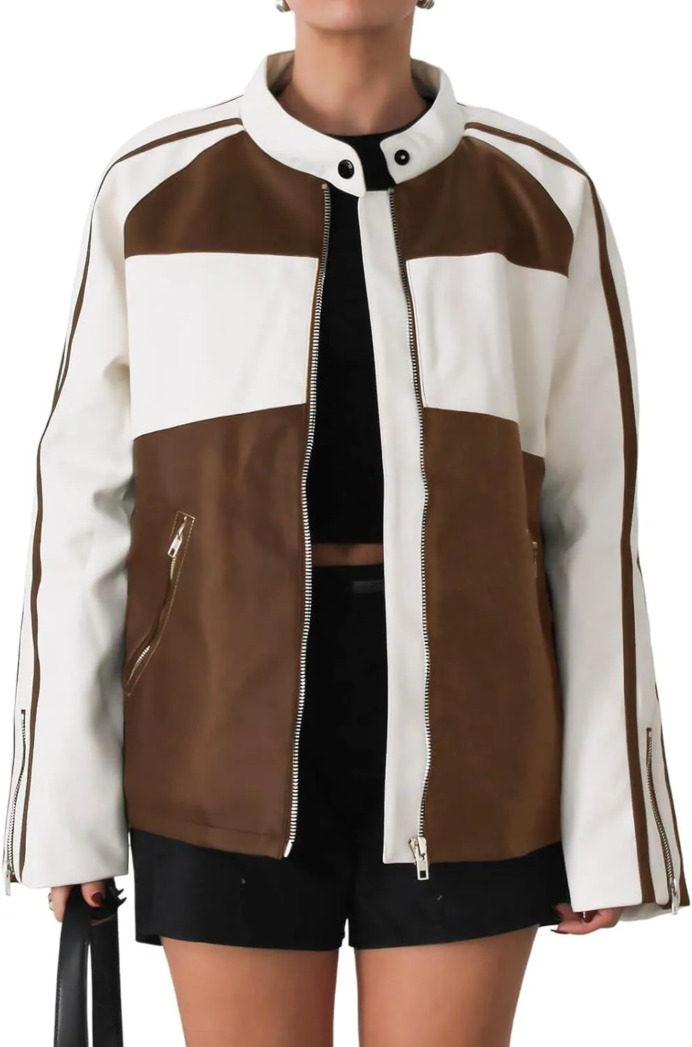Tankaneo Womens Faux Leather Jackets Casual Oversized Zip Up Color Block Motorcycle Biker PU Coats