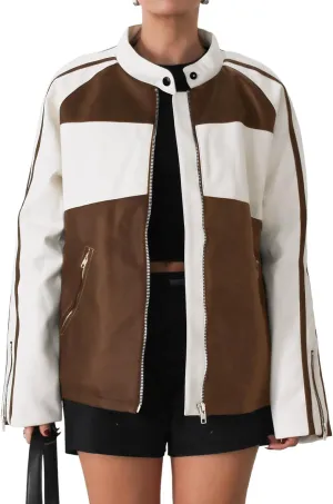 Tankaneo Womens Faux Leather Jackets Casual Oversized Zip Up Color Block Motorcycle Biker PU Coats