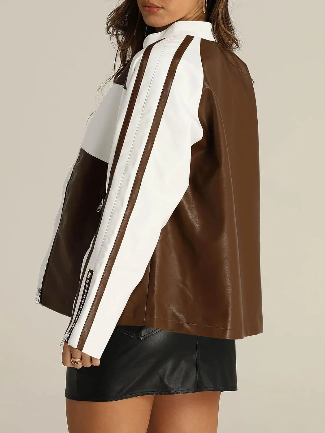 Tankaneo Womens Faux Leather Jackets Casual Oversized Zip Up Color Block Motorcycle Biker PU Coats