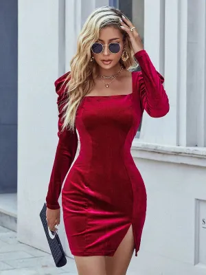 TastyHottie - SPLIT SLIM SQUARE NECK VELVET LONG SLEEVE DRESS