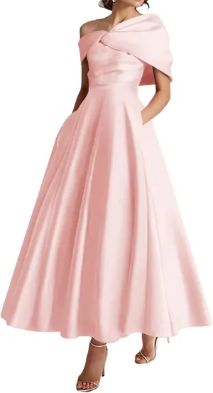 Tea Length Mother of The Bride Dresses Bow One Shoudler Prom Dress Ruffle Satin Formal Evening Gowns with Pockets