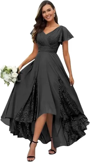 Tea Length Mother of The Bride Dresses for Wedding Chiffon Lace High Low V-Neck Evening Dresses for Women Elegant Classy