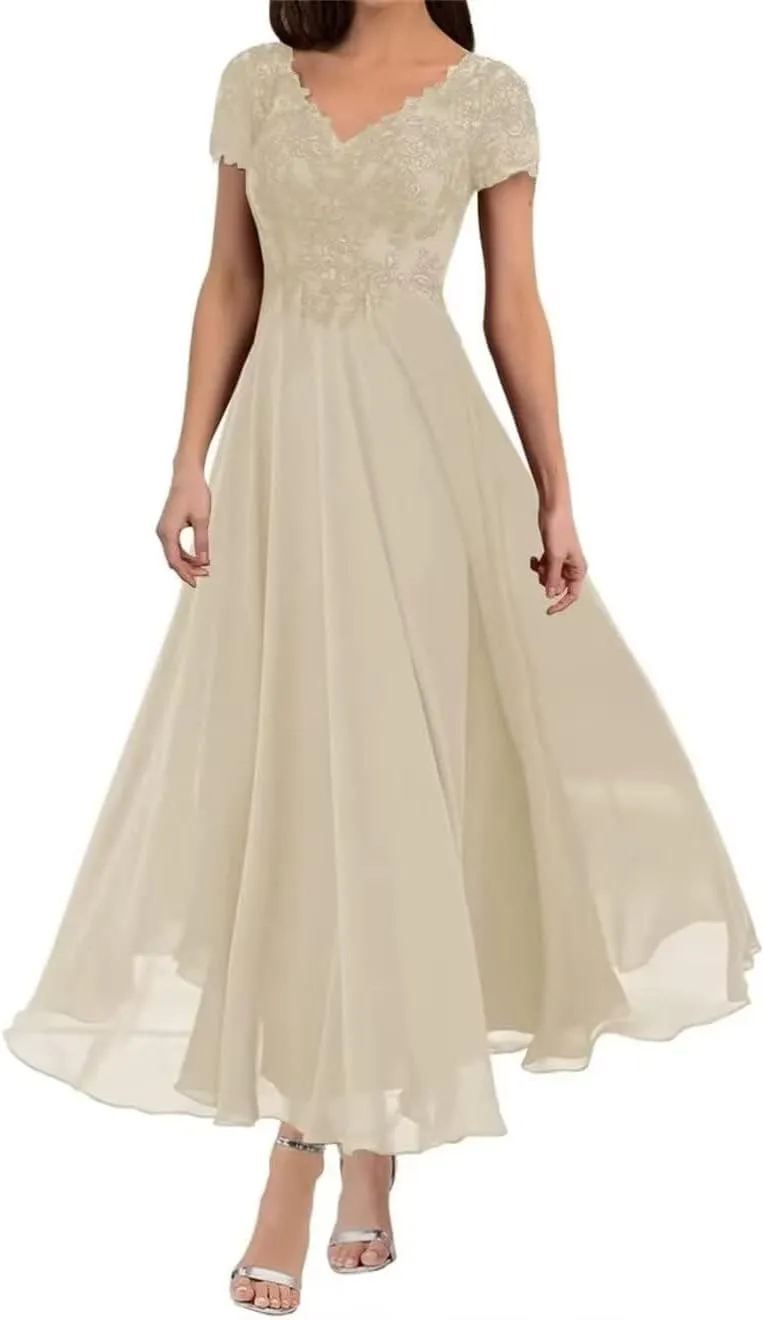 Tea Length Mother of The Bride Dresses for Wedding with Sleeves Chiffon Lace Appliques Formal Evening Party Gowns