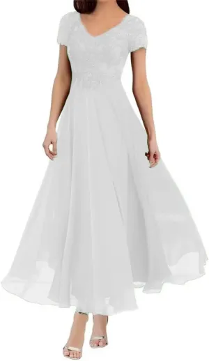 Tea Length Mother of The Bride Dresses for Wedding with Sleeves Chiffon Lace Appliques Formal Evening Party Gowns