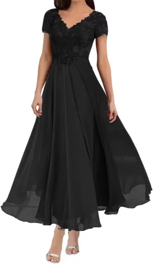 Tea Length Mother of The Bride Dresses for Wedding with Sleeves Chiffon Lace Appliques Formal Evening Party Gowns