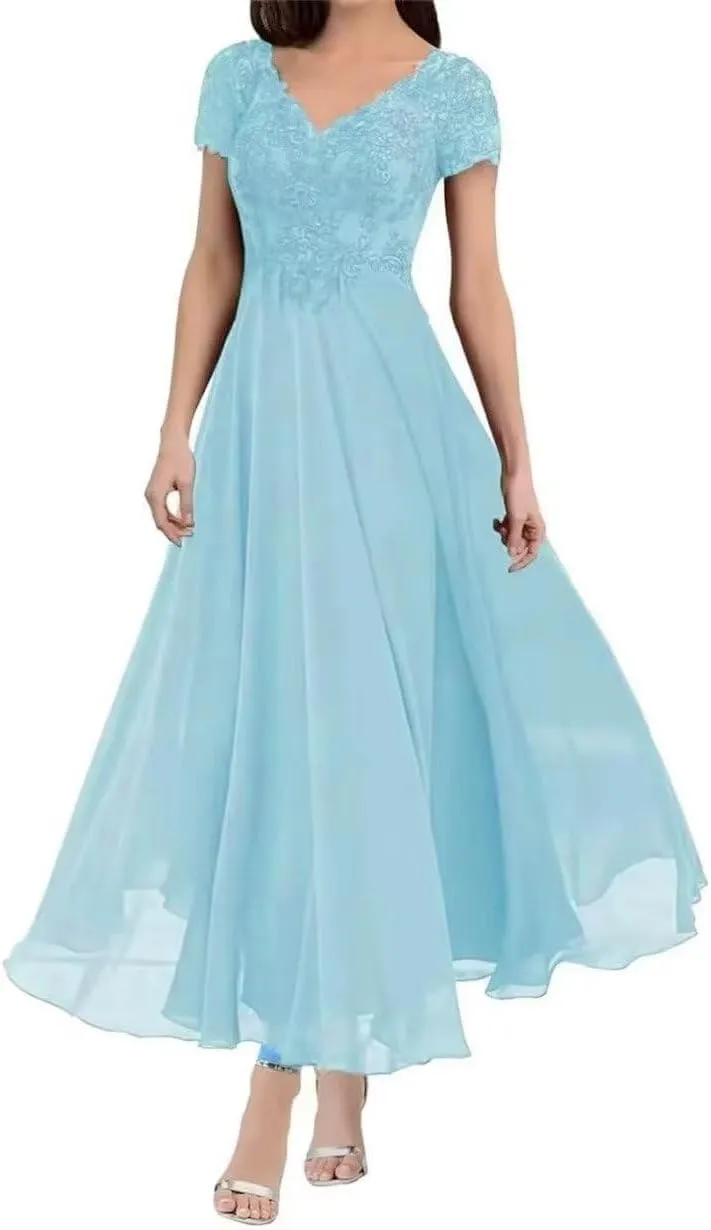 Tea Length Mother of The Bride Dresses for Wedding with Sleeves Chiffon Lace Appliques Formal Evening Party Gowns