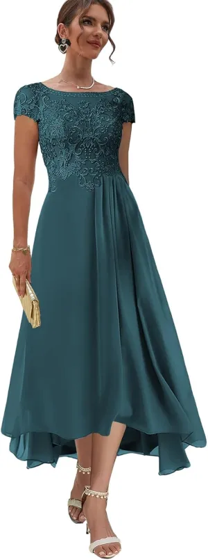 Tea Length Mother of The Groom Dresses with Sleeves Chiffon Evening Dress for Women Lace Teal Formal Gown Size 12