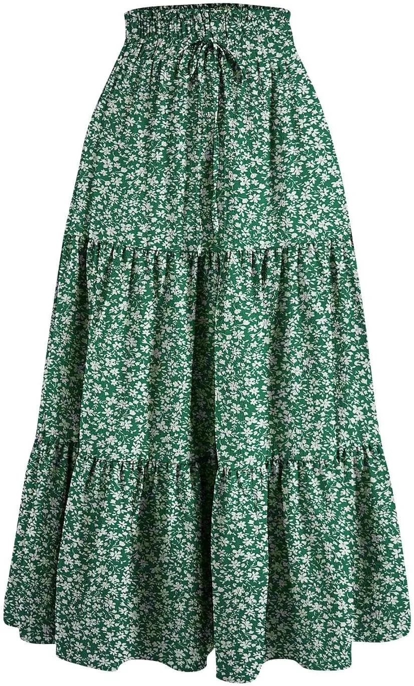 Tiered Maxi Skirts for Women Comfy Elastic High Waisted Ruffle Hem Flowy Swing Summer Cover Ups Long Skorts