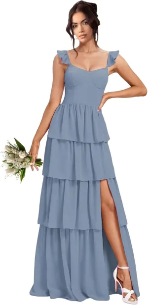 Tiered Ruffle Bridesmaid Dresses with Slit 2025 Chiffon Formal Evening Dresses for Women