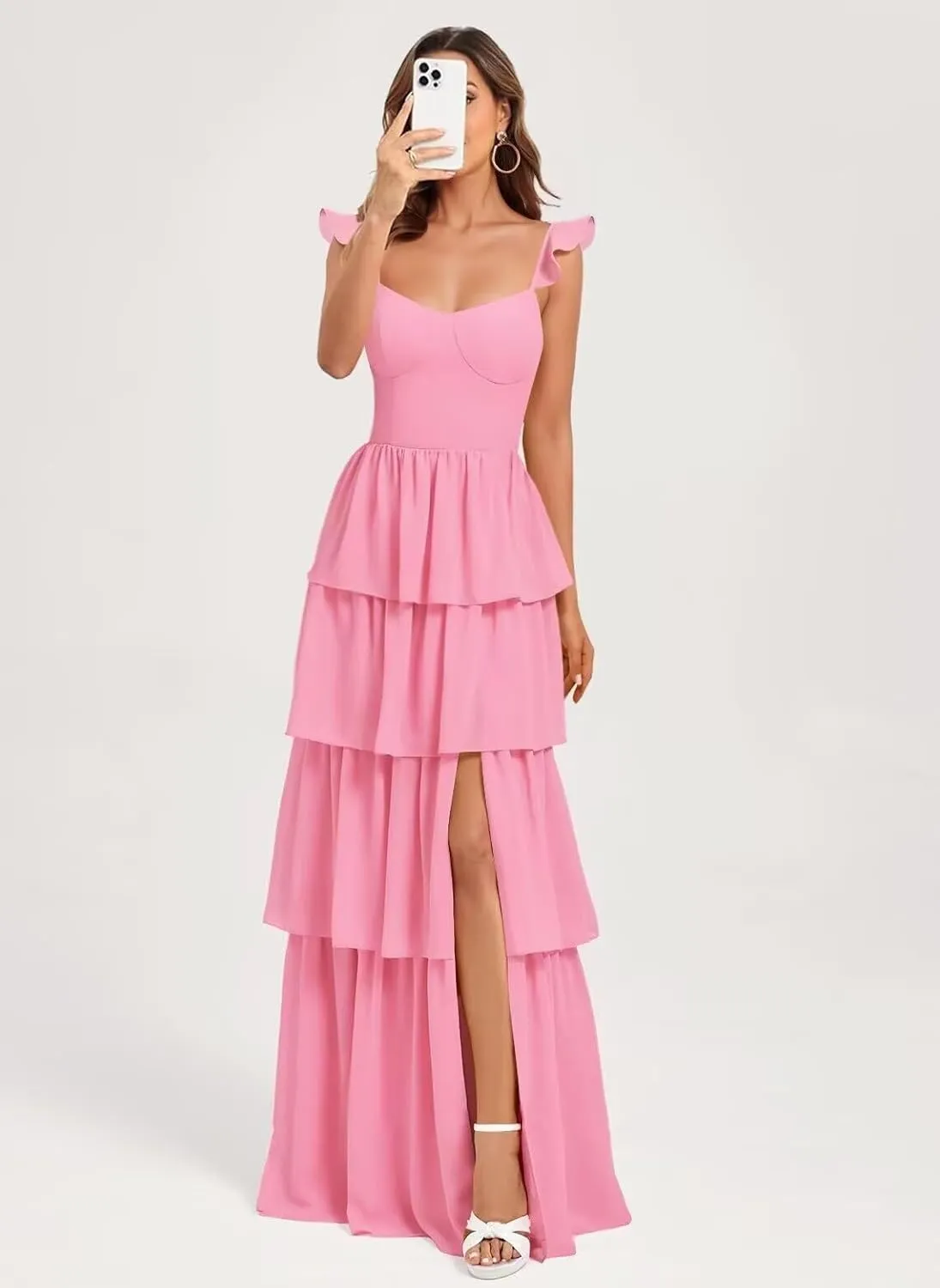 Tiered Ruffle Bridesmaid Dresses with Slit 2025 Chiffon Formal Evening Dresses for Women