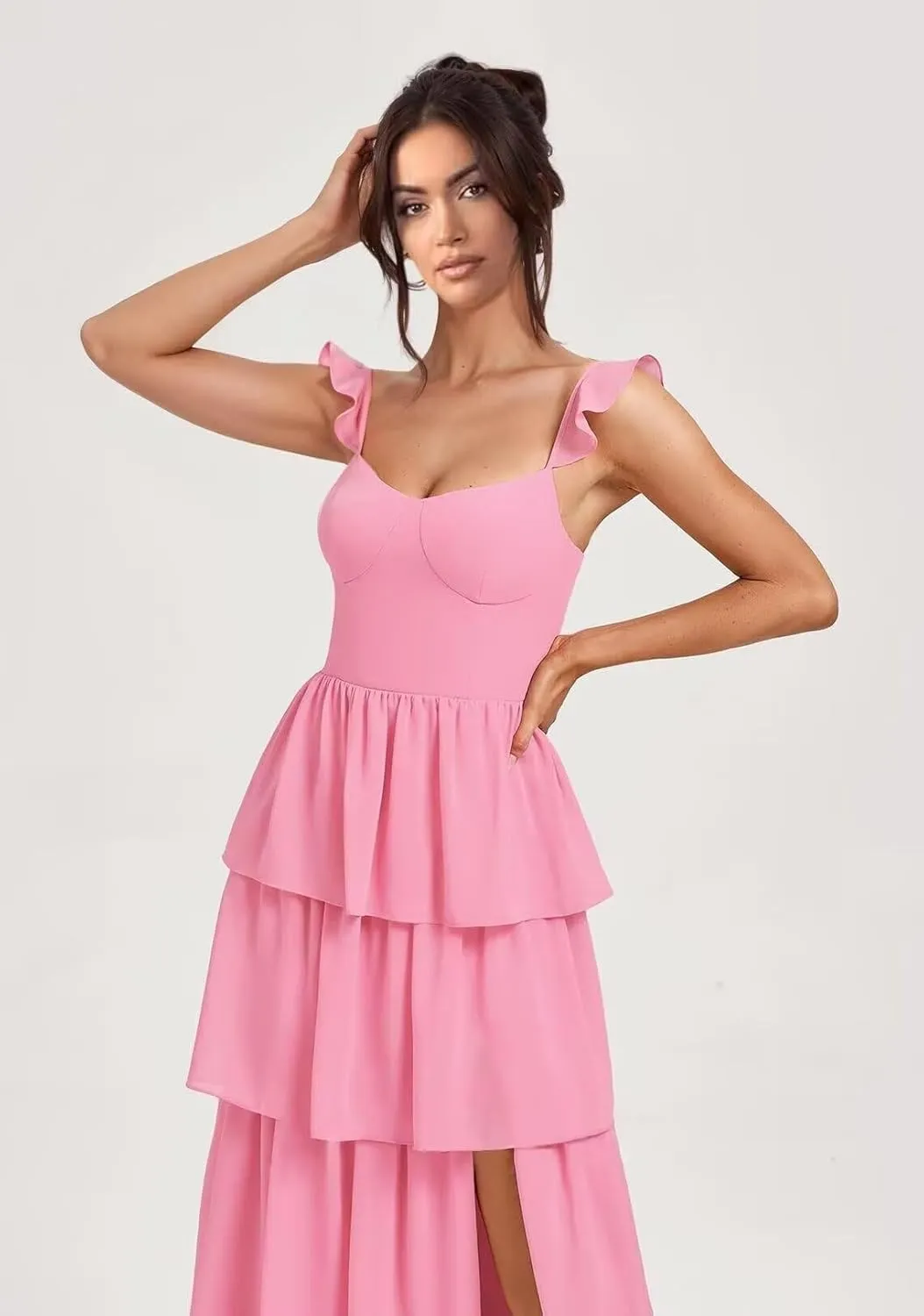 Tiered Ruffle Bridesmaid Dresses with Slit 2025 Chiffon Formal Evening Dresses for Women