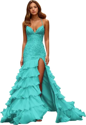 Tiered Ruffle Prom Dresses for Women 2025 Lace Appliques Chiffon Mermaid Long Formal Evening Gown with Slit