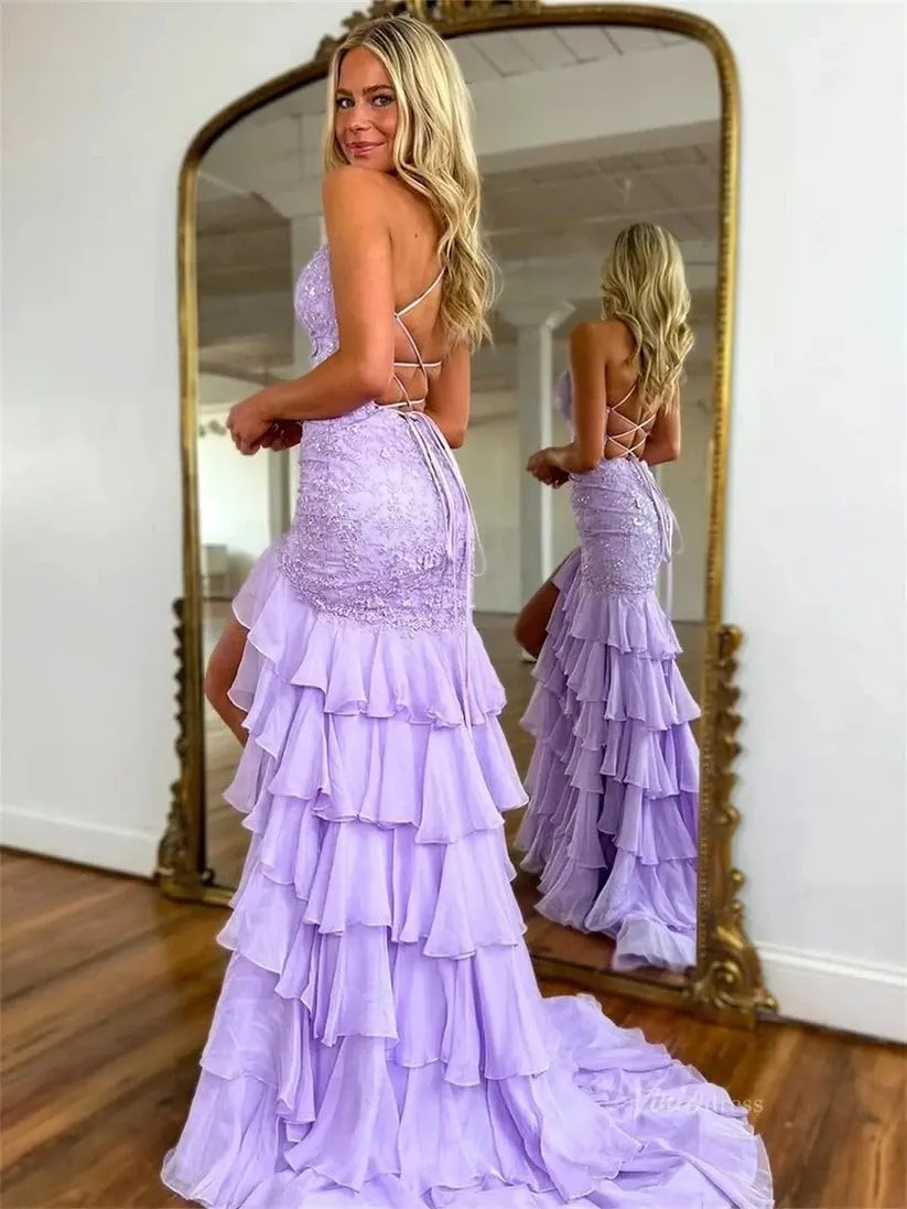 Tiered Ruffle Prom Dresses for Women 2025 Lace Appliques Chiffon Mermaid Long Formal Evening Gown with Slit