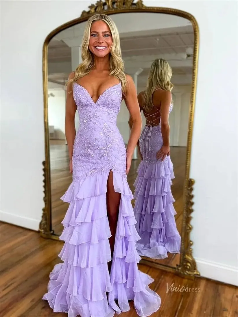 Tiered Ruffle Prom Dresses for Women 2025 Lace Appliques Chiffon Mermaid Long Formal Evening Gown with Slit