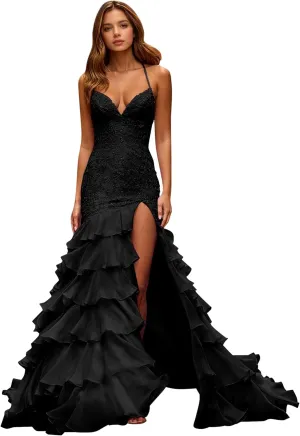 Tiered Ruffle Prom Dresses for Women 2025 Lace Appliques Chiffon Mermaid Long Formal Evening Gown with Slit