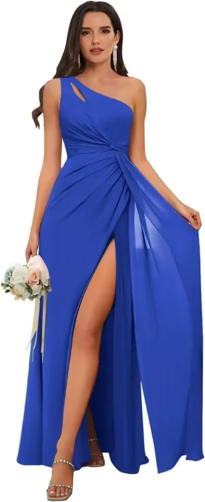 TORYEMY Chiffon One Shoulder Bridesmaid Dresses Long with Slit Formal Evening Dresses for Wedding