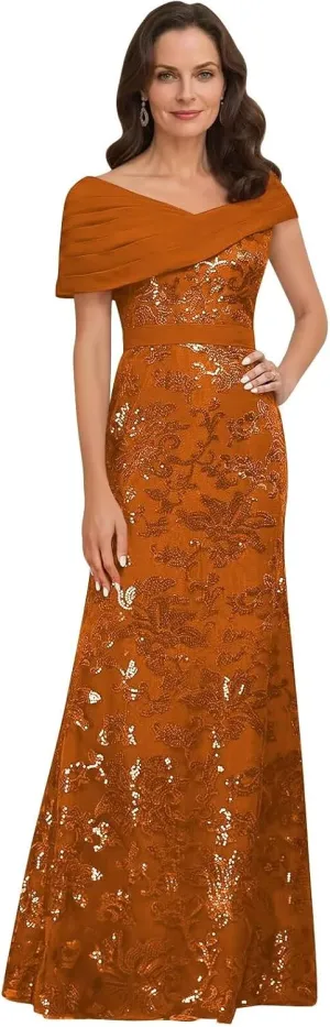 TORYEMY Sequin Mermaid Mother of The Bride Dresses for Women Off The Shoulder Long Chiffon Formal Evening Gown