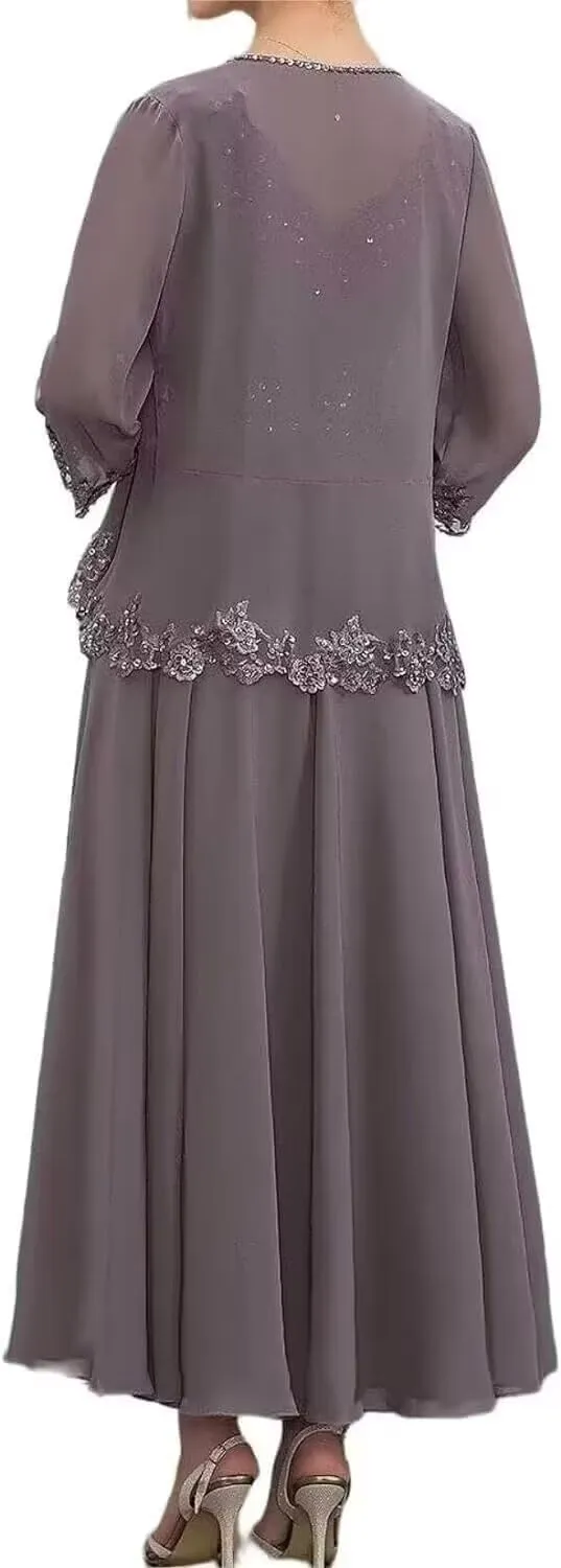 Two Piece Mother of The Bride Dresses with Jacket 3/4 Sleeves Chiffon Long Formal Evening Gown with Pockets