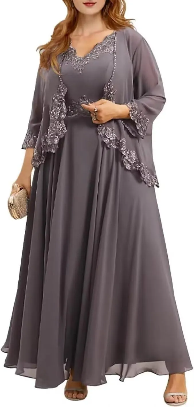 Two Piece Mother of The Bride Dresses with Jacket 3/4 Sleeves Chiffon Long Formal Evening Gown with Pockets
