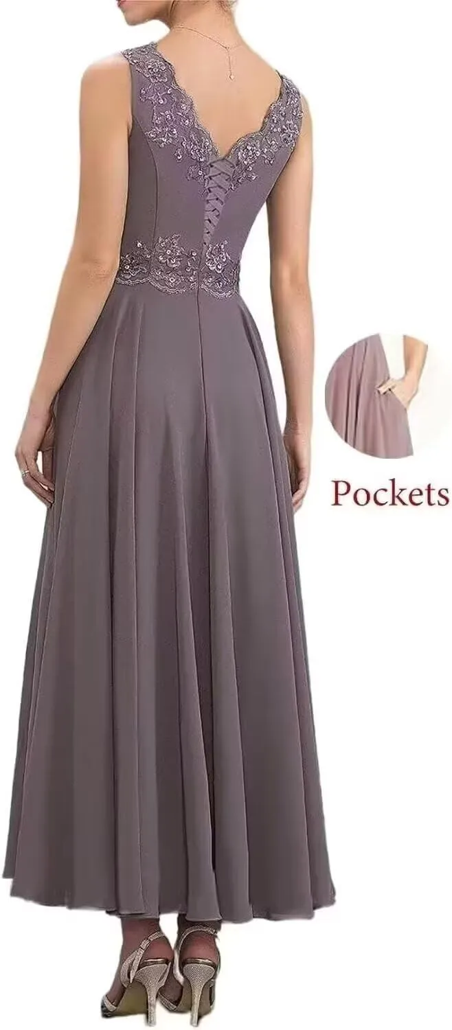 Two Piece Mother of The Bride Dresses with Jacket 3/4 Sleeves Chiffon Long Formal Evening Gown with Pockets