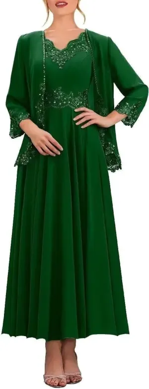 Two Piece Mother of The Bride Dresses with Jacket 3/4 Sleeves Chiffon Long Formal Evening Gown with Pockets