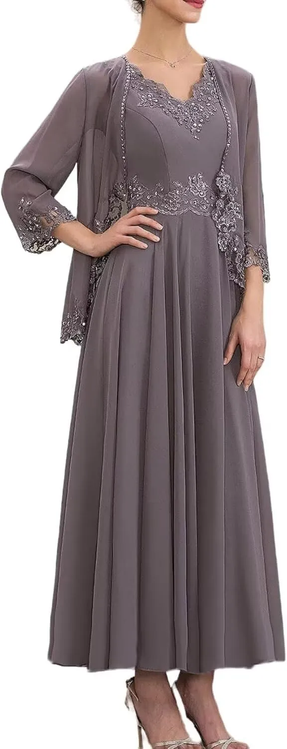 Two Piece Mother of The Bride Dresses with Jacket 3/4 Sleeves Chiffon Long Formal Evening Gown with Pockets