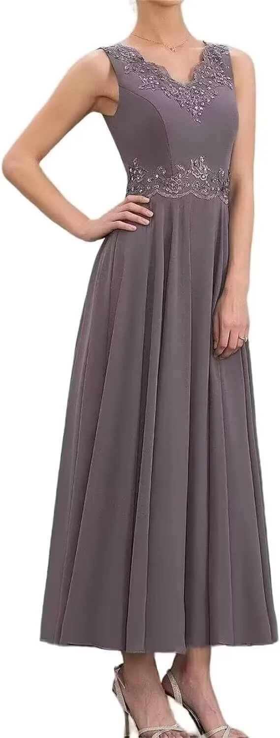 Two Piece Mother of The Bride Dresses with Jacket 3/4 Sleeves Chiffon Long Formal Evening Gown with Pockets