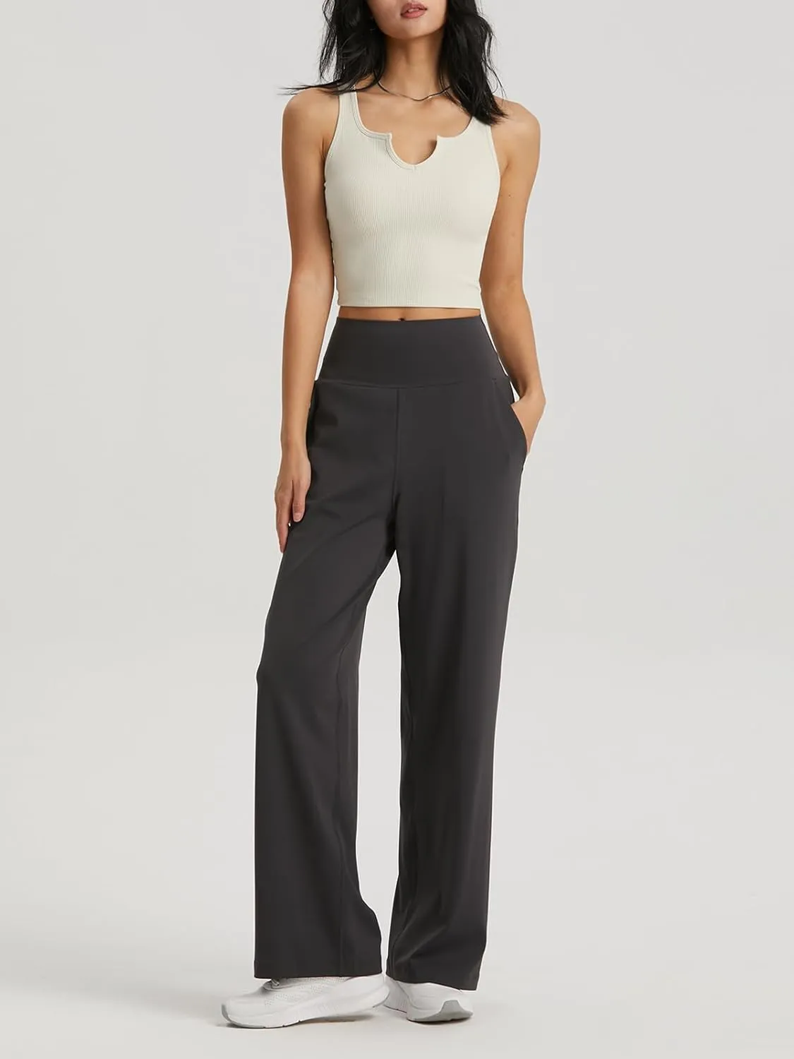 Ukaste Women's Petite Wide Leg Yoga Pants 26"/ 28"/ 30" - High Waisted Stretch Casual Lounge Pant with Pockets
