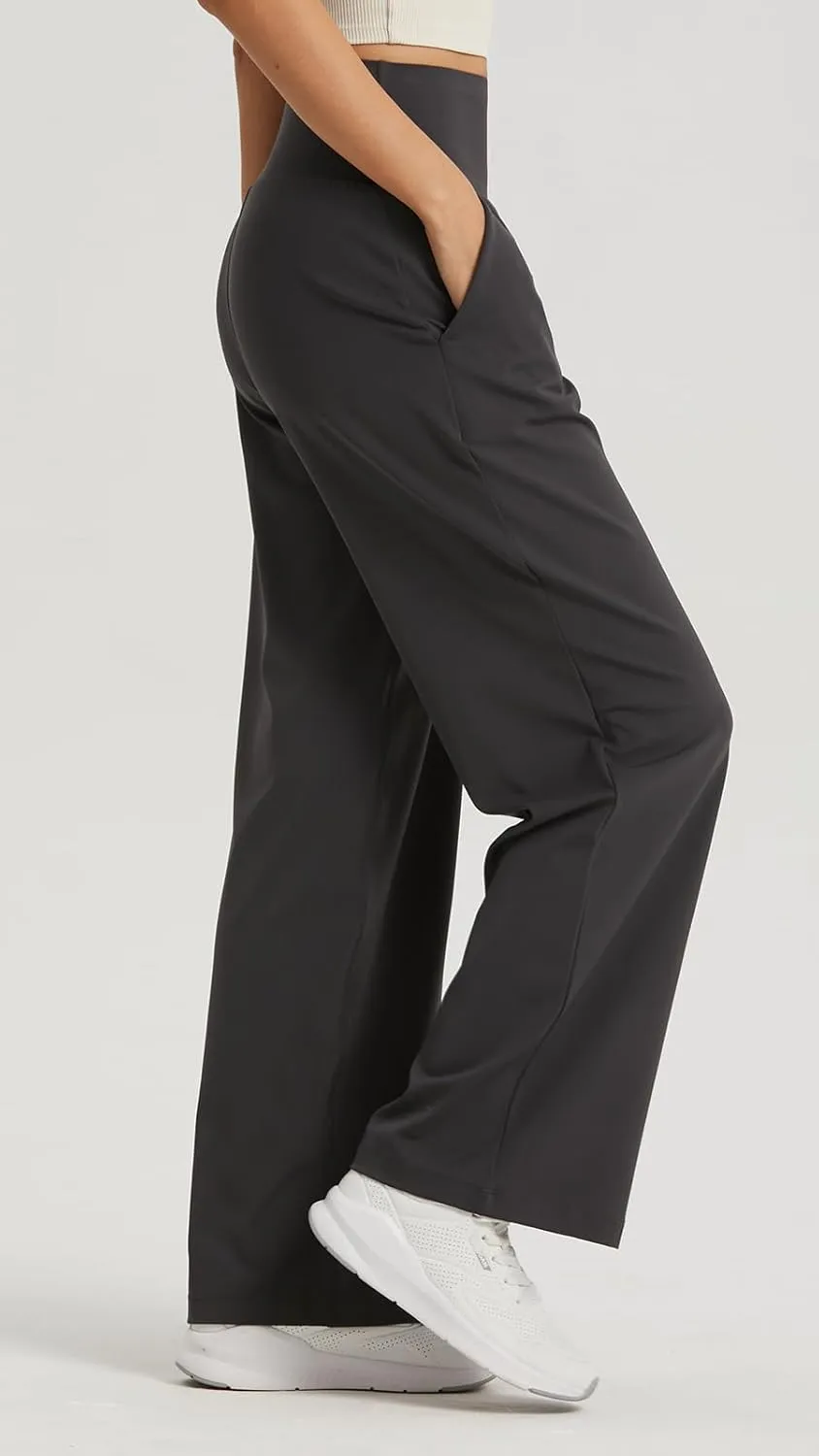 Ukaste Women's Petite Wide Leg Yoga Pants 26"/ 28"/ 30" - High Waisted Stretch Casual Lounge Pant with Pockets
