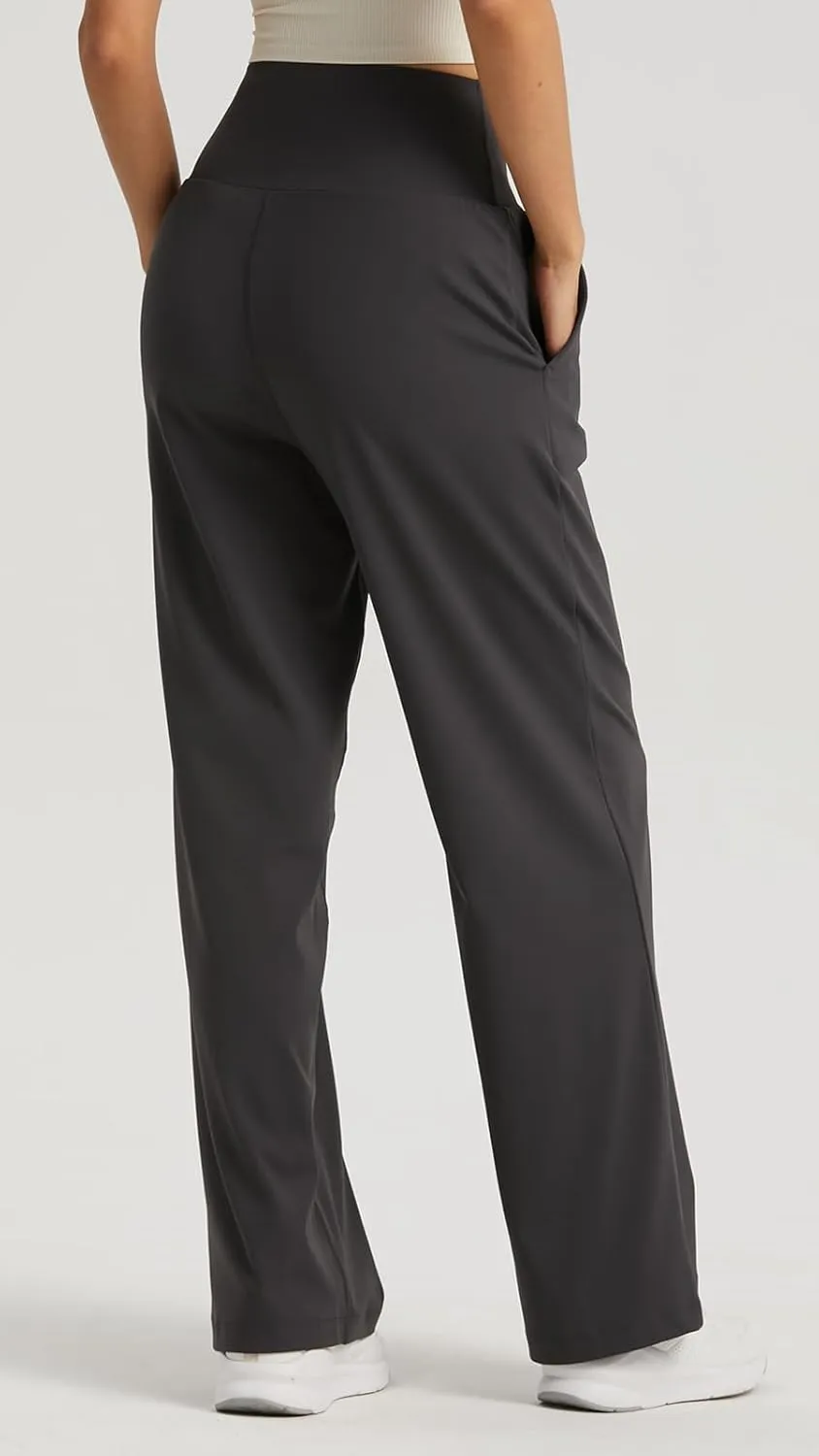 Ukaste Women's Petite Wide Leg Yoga Pants 26"/ 28"/ 30" - High Waisted Stretch Casual Lounge Pant with Pockets