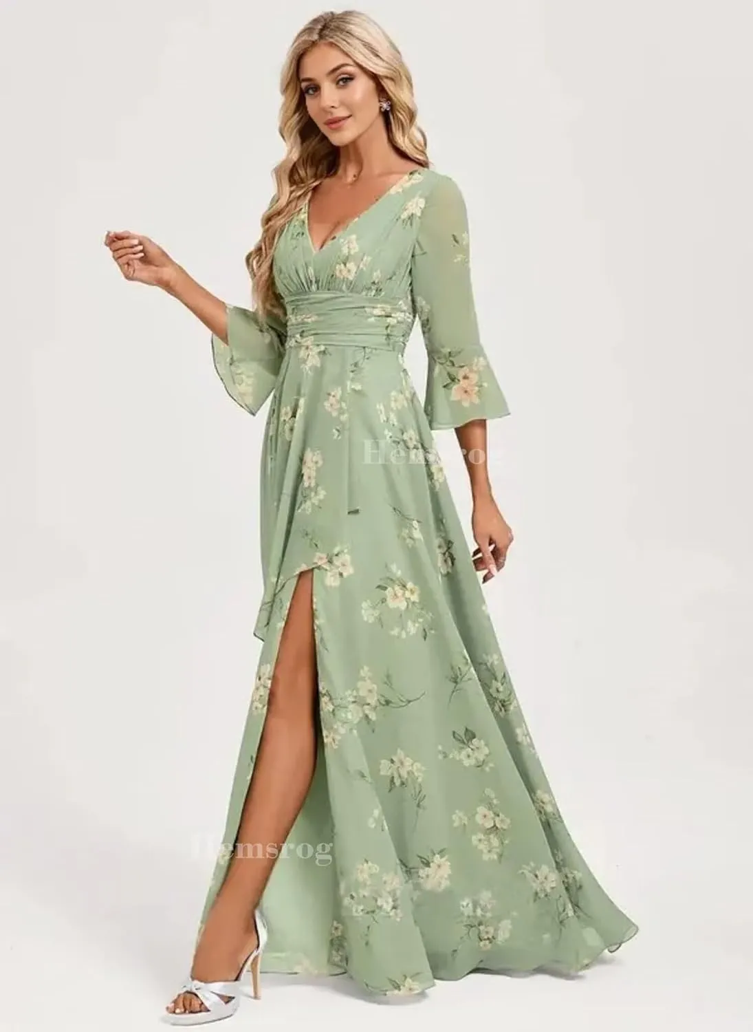 V Neck Mother of The Bride Dresses for Wedding Chiffon 3/4 Sleeve Bridesmaid Dress Long Formal Dress for Women with Slit