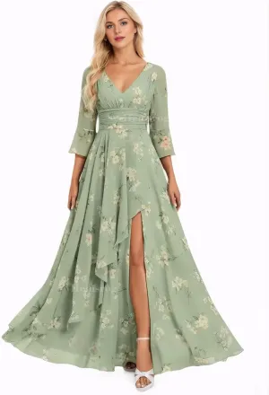 V Neck Mother of The Bride Dresses for Wedding Chiffon 3/4 Sleeve Bridesmaid Dress Long Formal Dress for Women with Slit