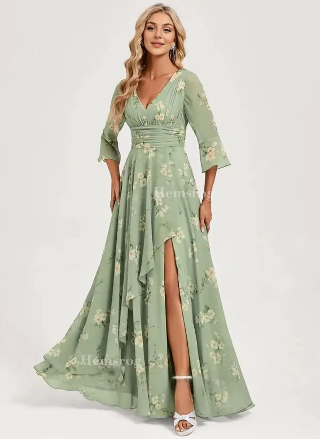 V Neck Mother of The Bride Dresses for Wedding Chiffon 3/4 Sleeve Bridesmaid Dress Long Formal Dress for Women with Slit