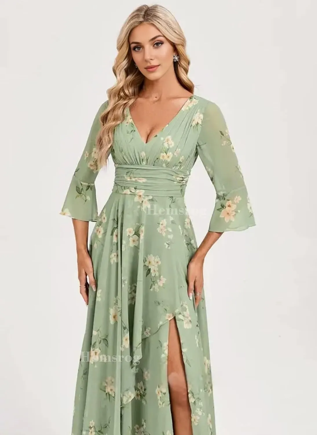 V Neck Mother of The Bride Dresses for Wedding Chiffon 3/4 Sleeve Bridesmaid Dress Long Formal Dress for Women with Slit