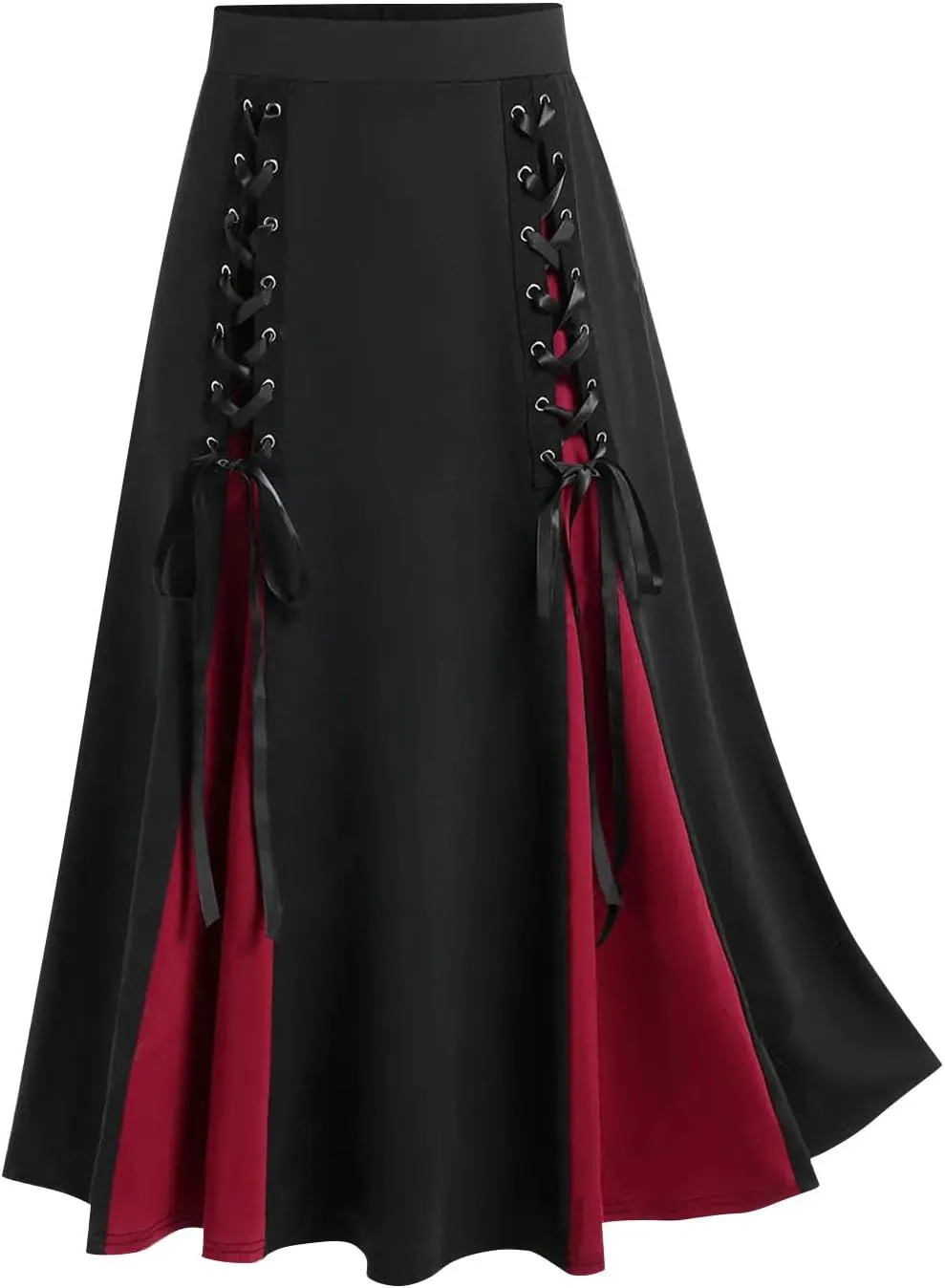 Vintage Gothic Midi Skirts Women Lace-Up Patchwork Medieval Steampunk A-Line Skirts Renaissance Pirate Swing Skirt