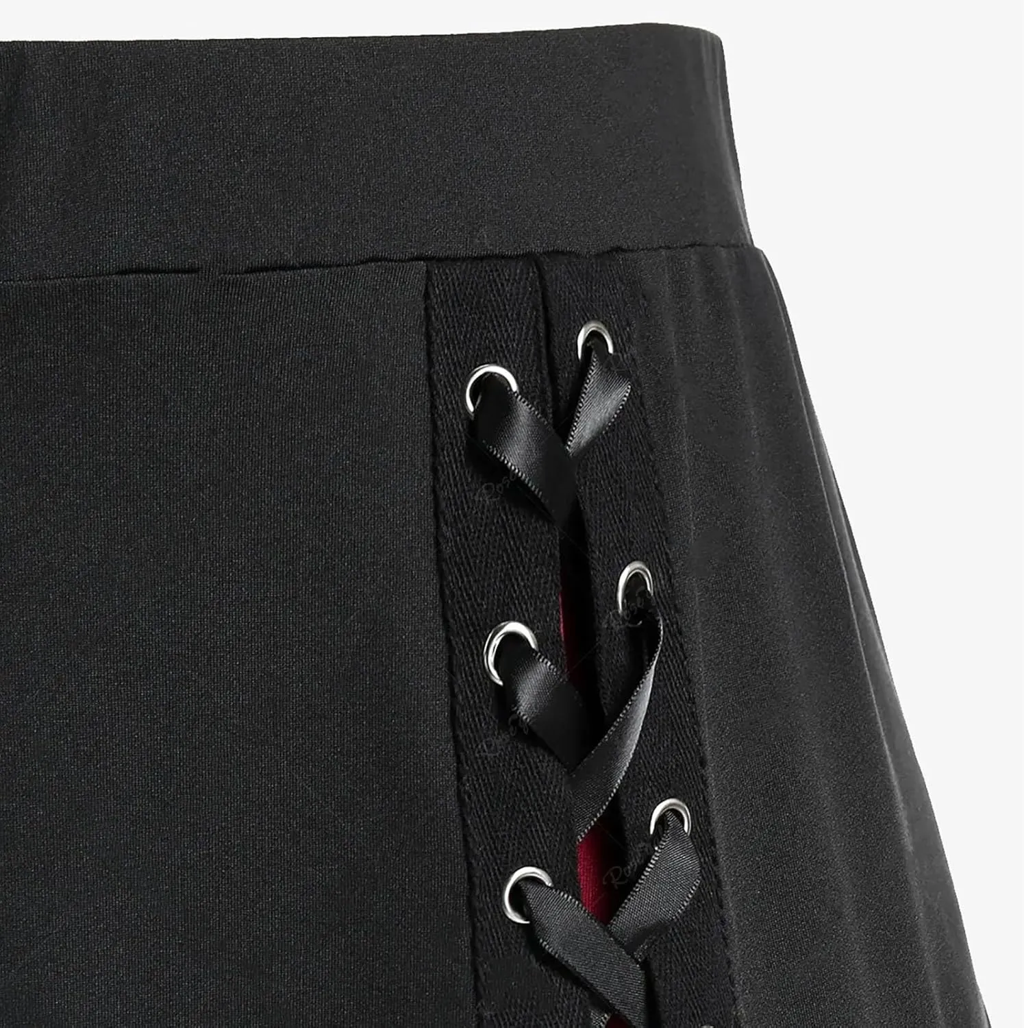 Vintage Gothic Midi Skirts Women Lace-Up Patchwork Medieval Steampunk A-Line Skirts Renaissance Pirate Swing Skirt
