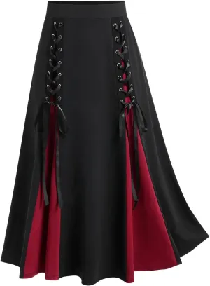 Vintage Gothic Midi Skirts Women Lace-Up Patchwork Medieval Steampunk A-Line Skirts Renaissance Pirate Swing Skirt
